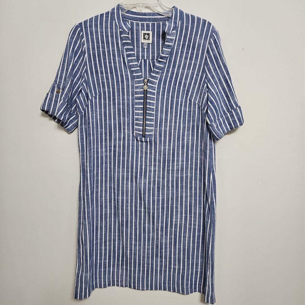 Anne Klein Shirt Dress Sz 8 Blue White Stripe 1/4 Zip Front Shift Short Sleeve